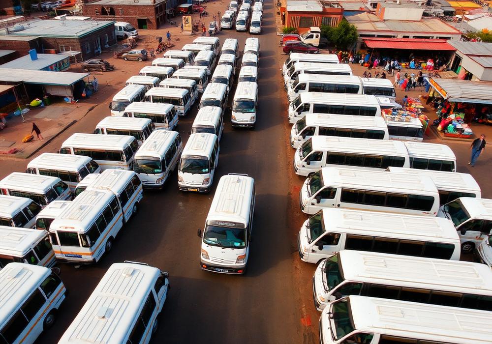 Aerial view of a busy township minibus taxi rank